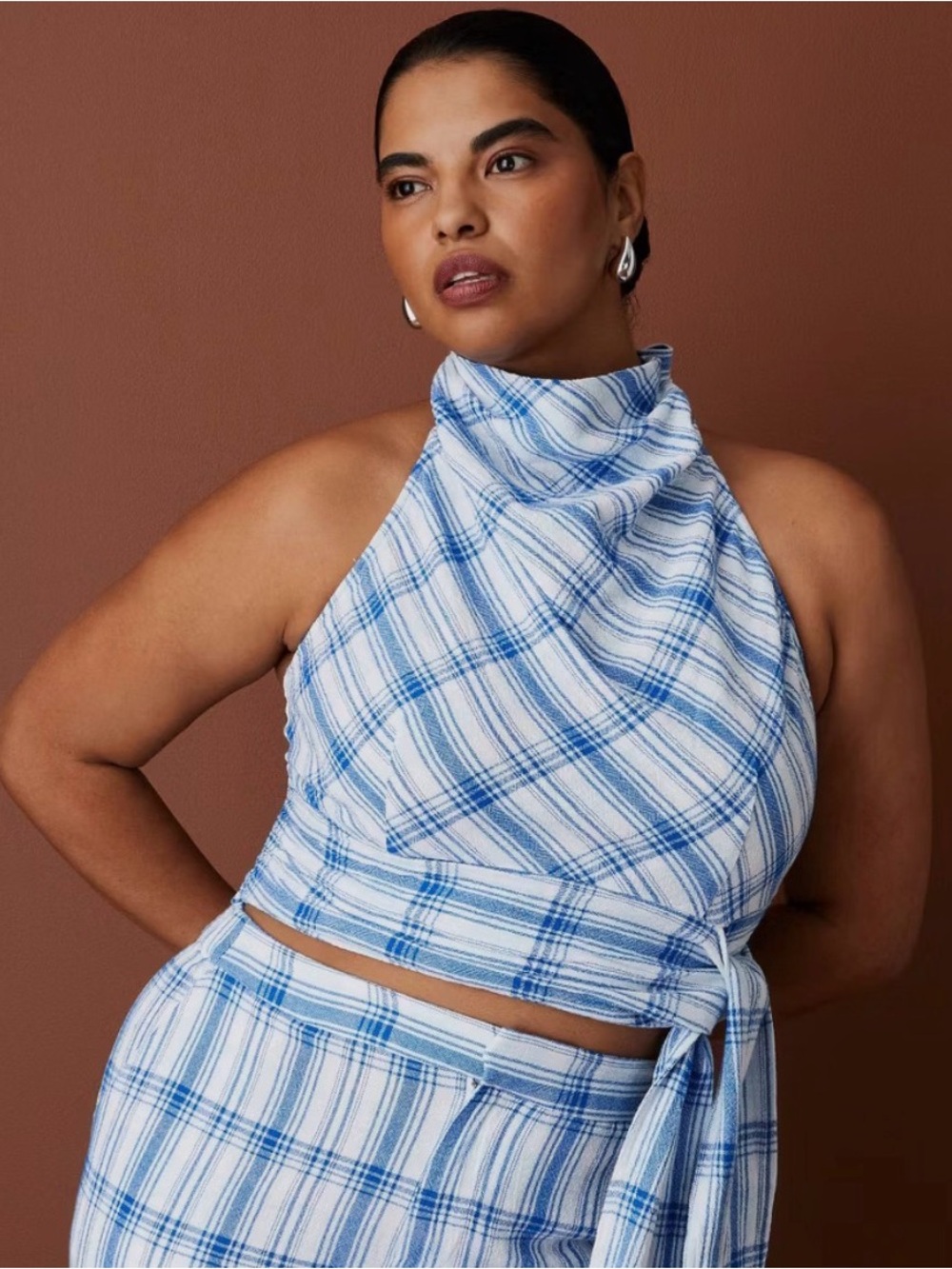 Rosie Assoulin Women‘s Sleeveless Gingham Cowl Neck Top Blue S NWT